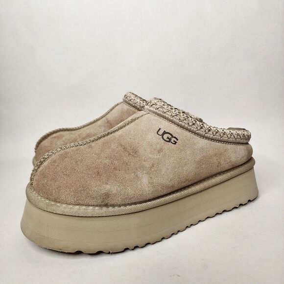 UGG Tazz Platform Slipper Clogs Womens 6 Mustard Seed 1122553 Suede Shearling - Picture 2 of 13